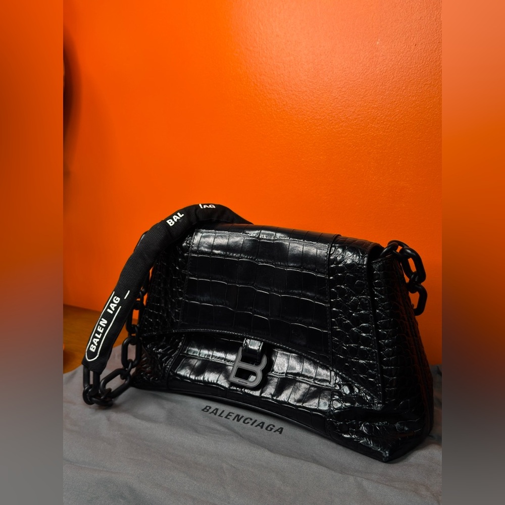 Balenciaga Glossy Black Croc Embossed Bag .